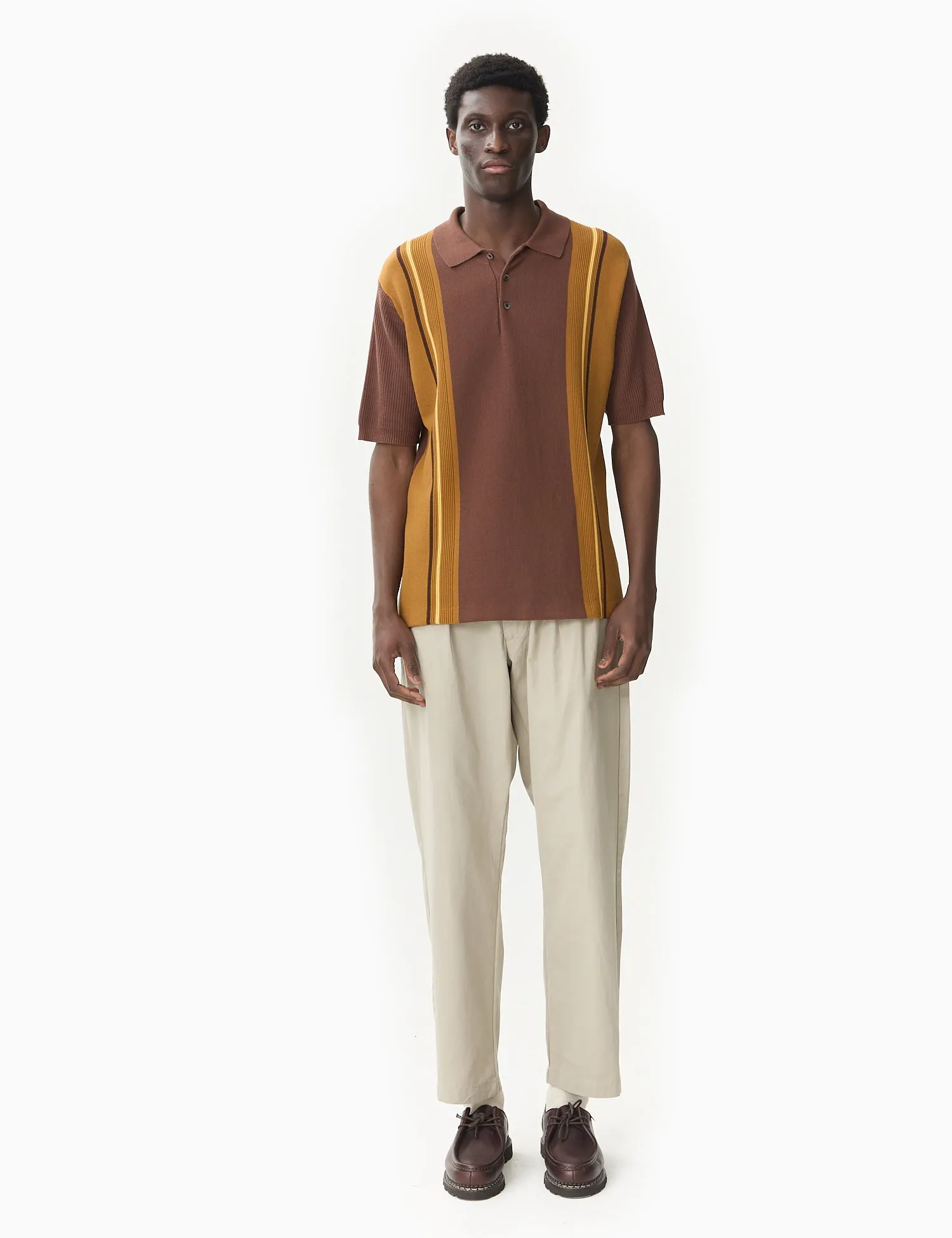 Beams Plus Knit Polo Shirt Stripe - Brown sold by Article London product image thumbnail 3