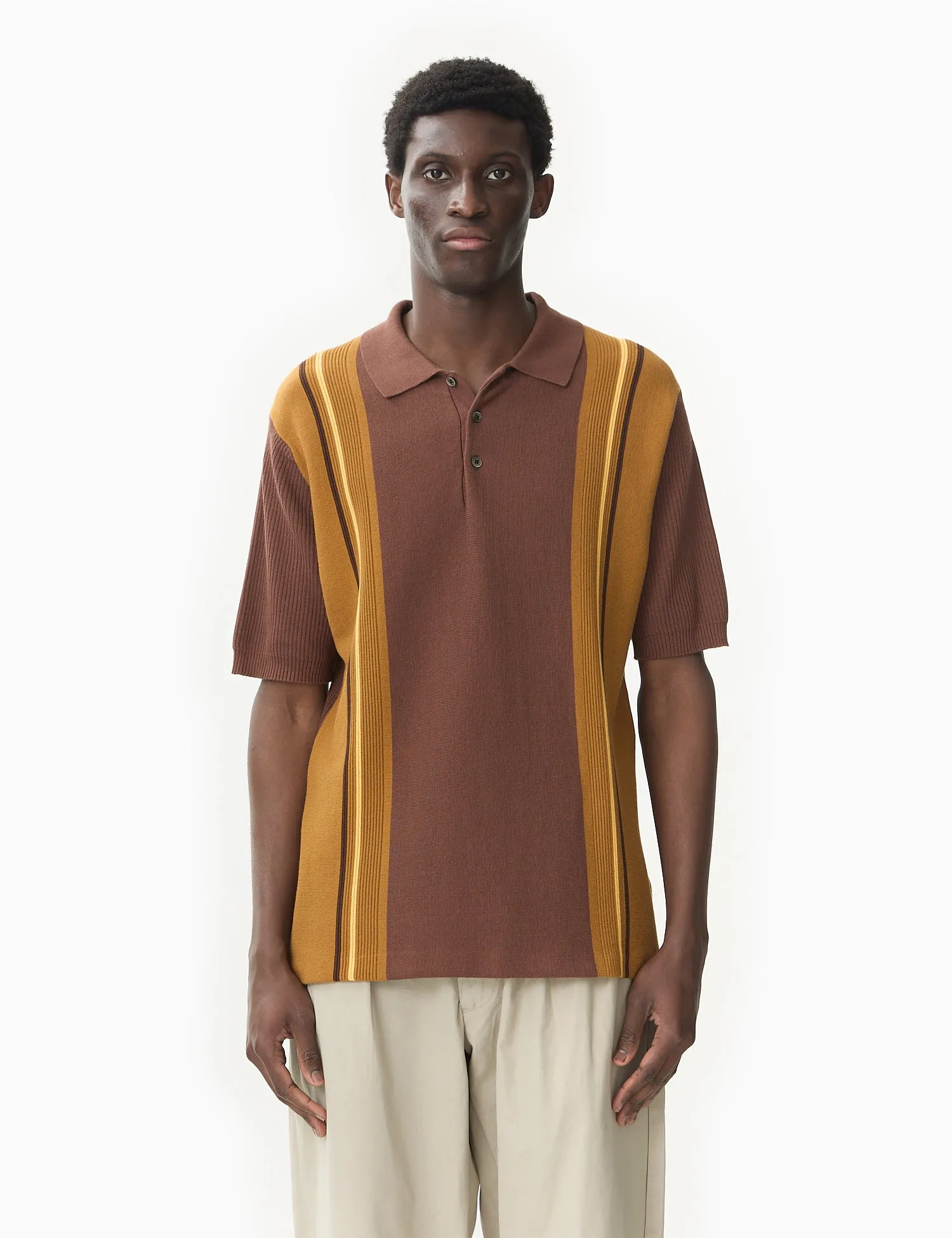 Beams Plus Knit Polo Shirt Stripe - Brown sold by Article London