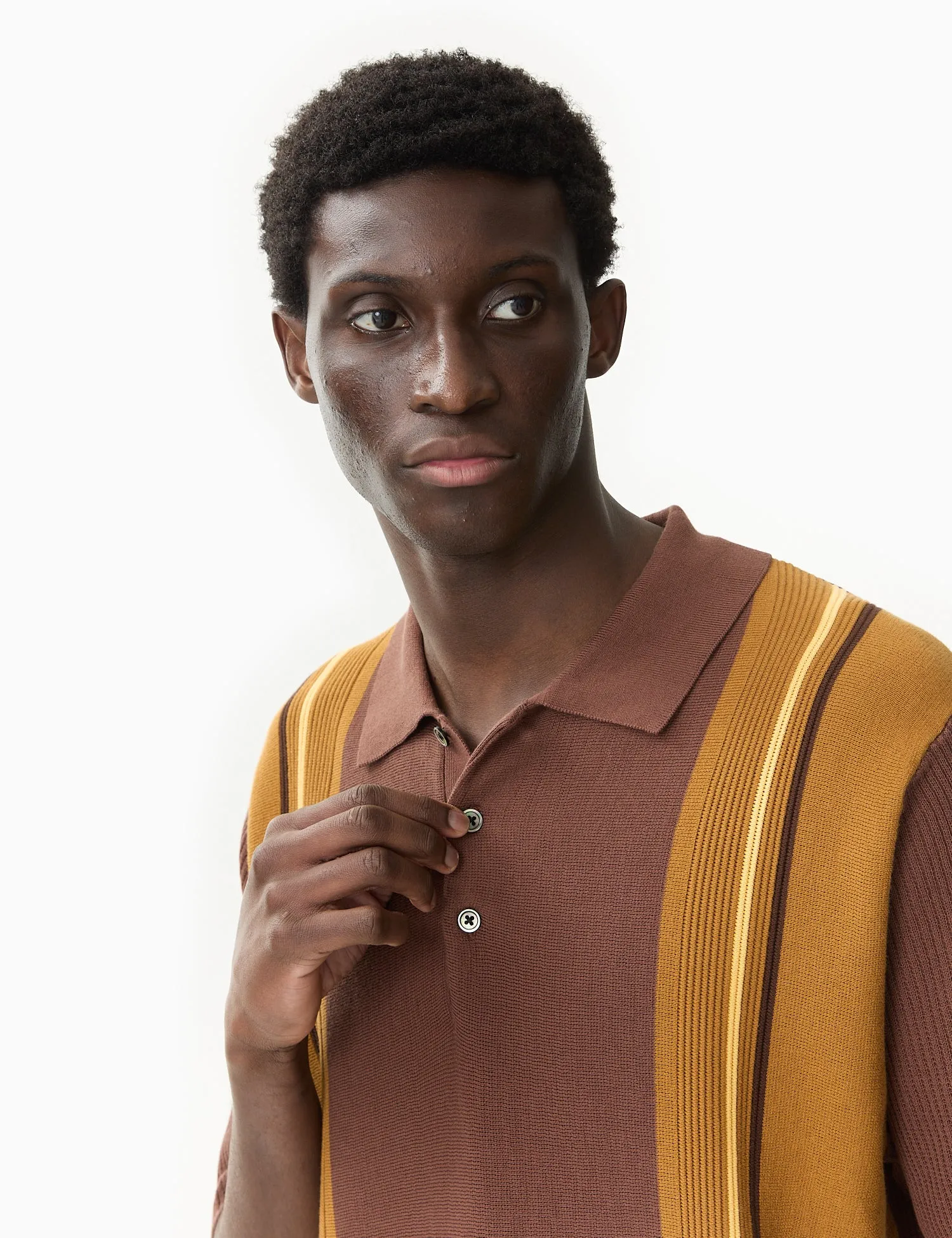 Beams Plus Knit Polo Shirt Stripe - Brown sold by Article London product image thumbnail 2