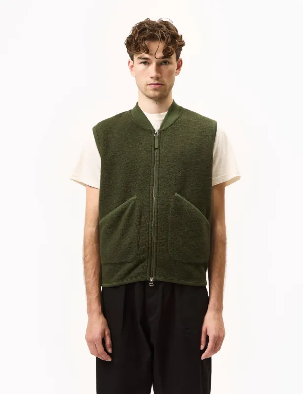 Universal Works Zip Waistcoat (Wool Fleece) - Olive Green sold by Article London