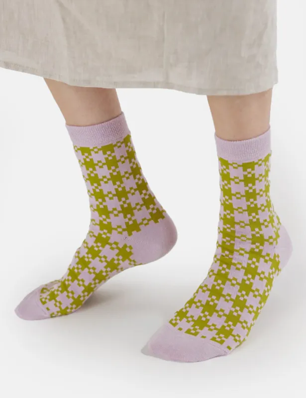 Baggu Crew Sock - Pink Pistachio Pixel Gingham made by Article London