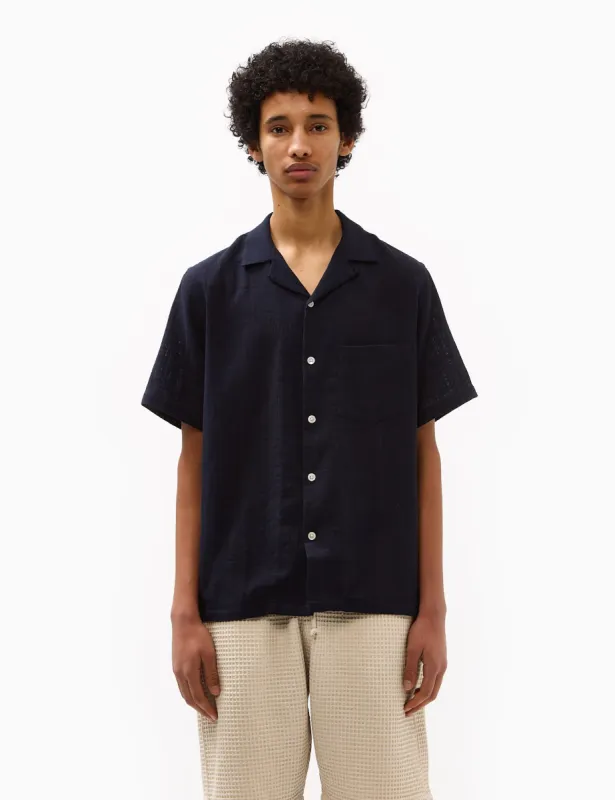 Portuguese Flannel Grain Cotton Short Sleeve Shirt - Navy Blue sold by Article London