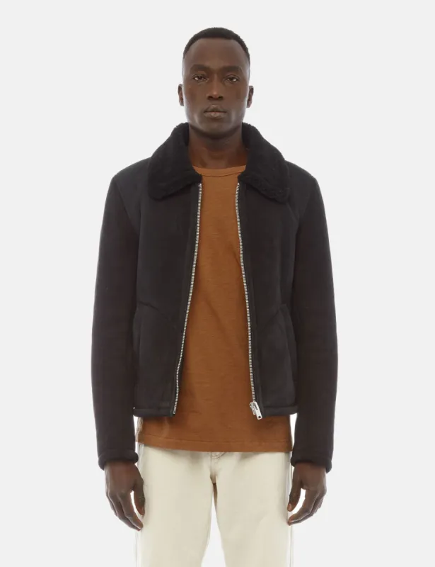 YMC Budgie Sheepskin Coat (Suede) - Black sold by Article London