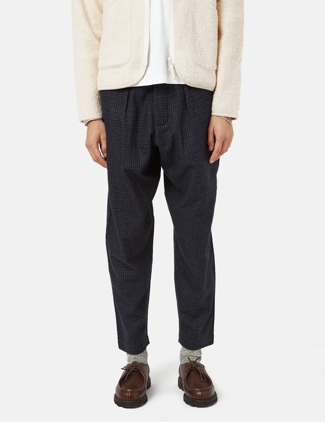 Universal Works Pleated Track Pant (Relaxed) - Navy Blue Check sold by Article London