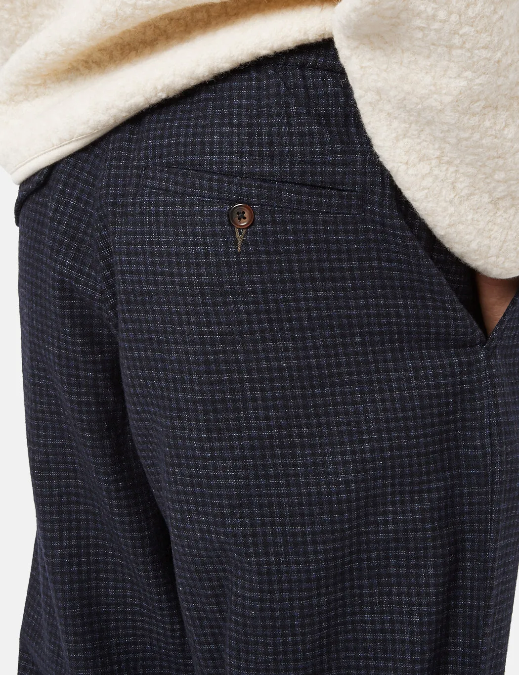 Universal Works Pleated Track Pant (Relaxed) - Navy Blue Check sold by Article London product image thumbnail 2