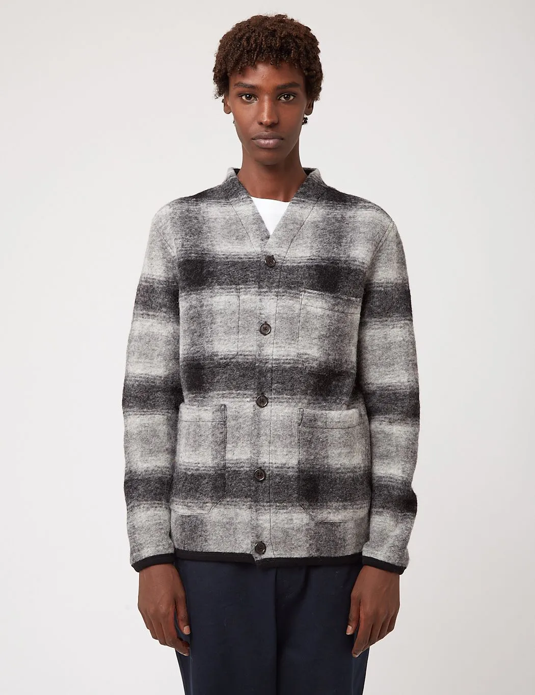Universal Works Cardigan (Checked Wool Fleece) - Grey/Charcoal sold by Article London