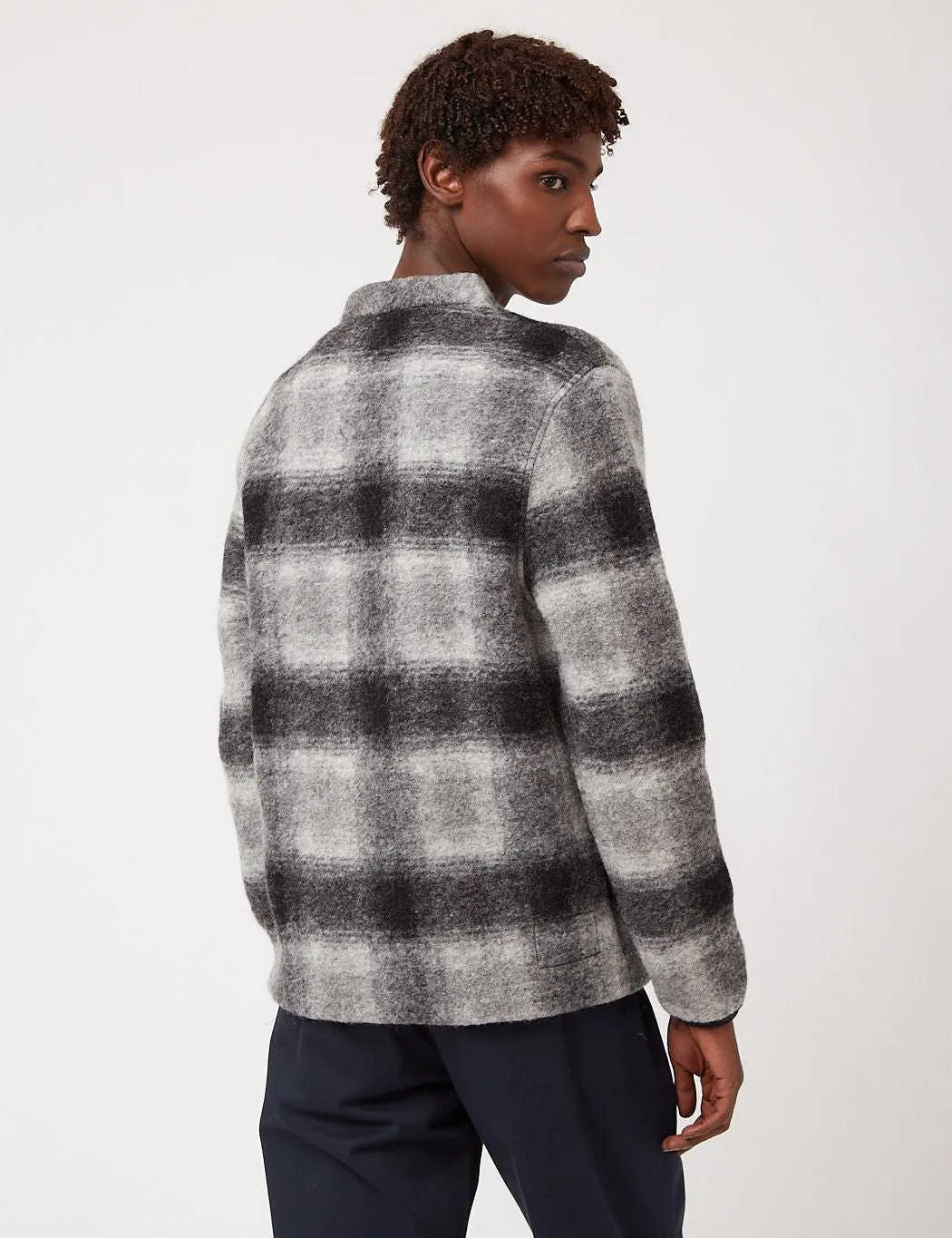 Universal Works Cardigan (Checked Wool Fleece) - Grey/Charcoal sold by Article London product image thumbnail 4