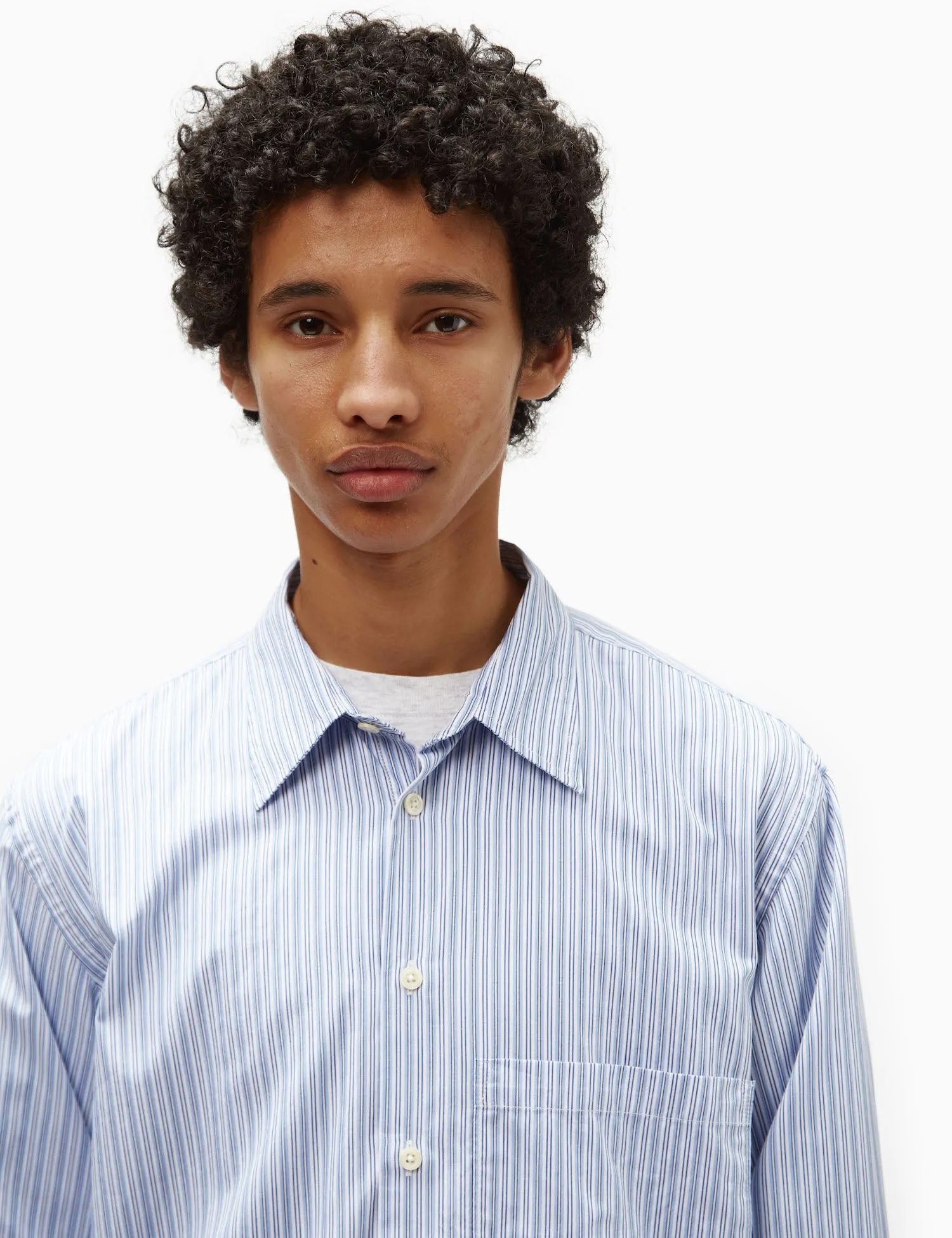 Universal Works Square Pocket Shirt (Cotton) - Blue/Navy Blue Stripe sold by Article London product image thumbnail 3