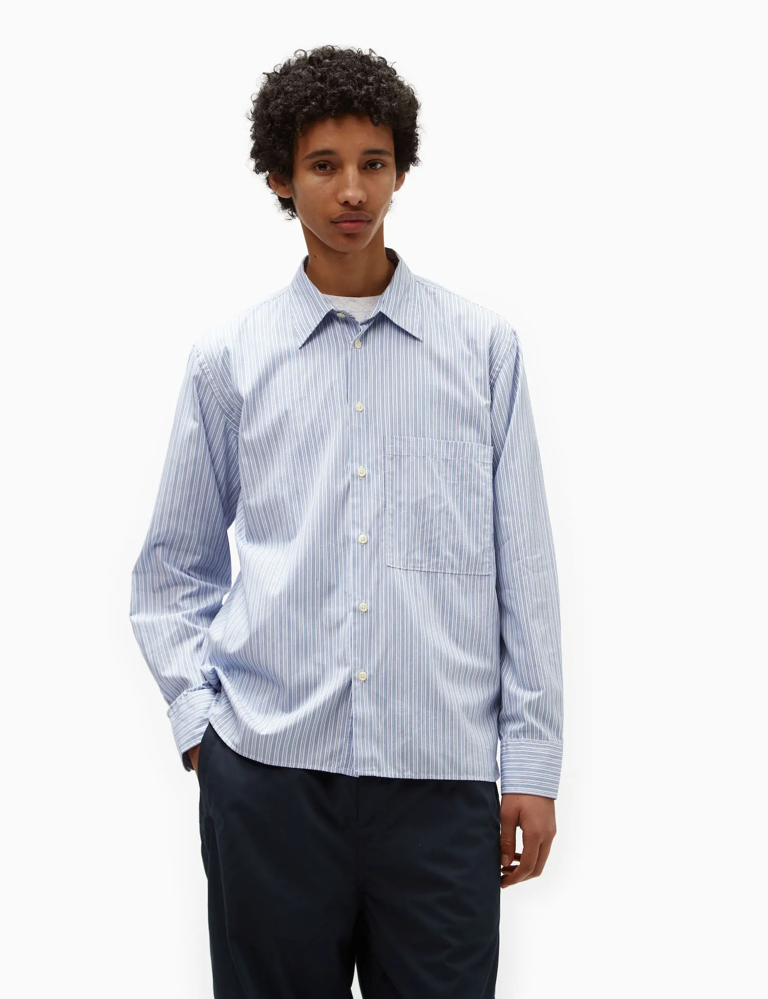 Universal Works Square Pocket Shirt (Cotton) - Blue/Navy Blue Stripe sold by Article London