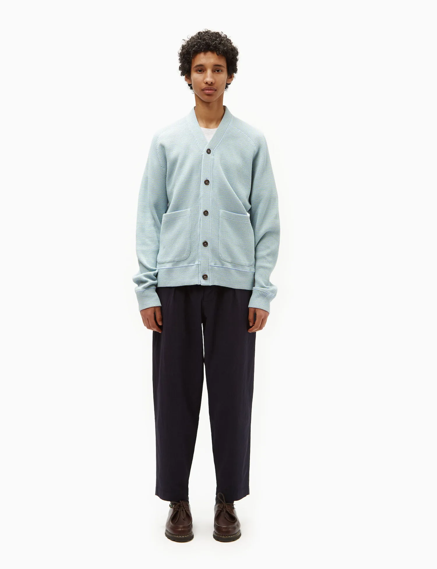 Universal Works Dickie Fluro Cardigan - Sky Blue/Green sold by Article London product image thumbnail 5