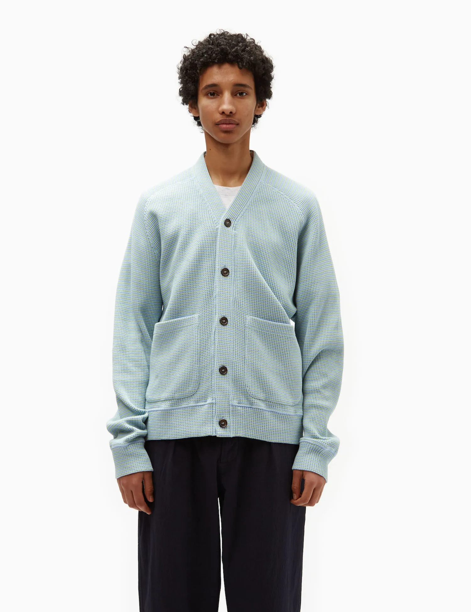 Universal Works Dickie Fluro Cardigan - Sky Blue/Green sold by Article London