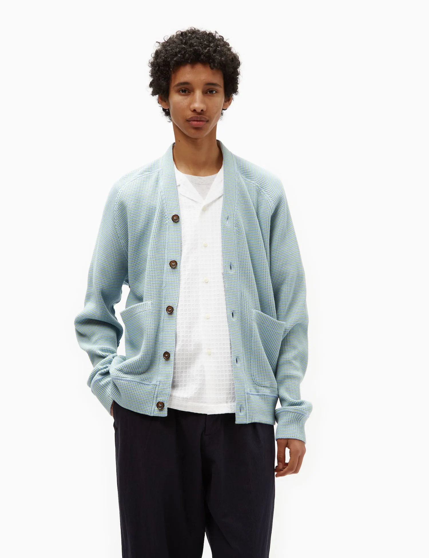 Universal Works Dickie Fluro Cardigan - Sky Blue/Green sold by Article London product image thumbnail 3