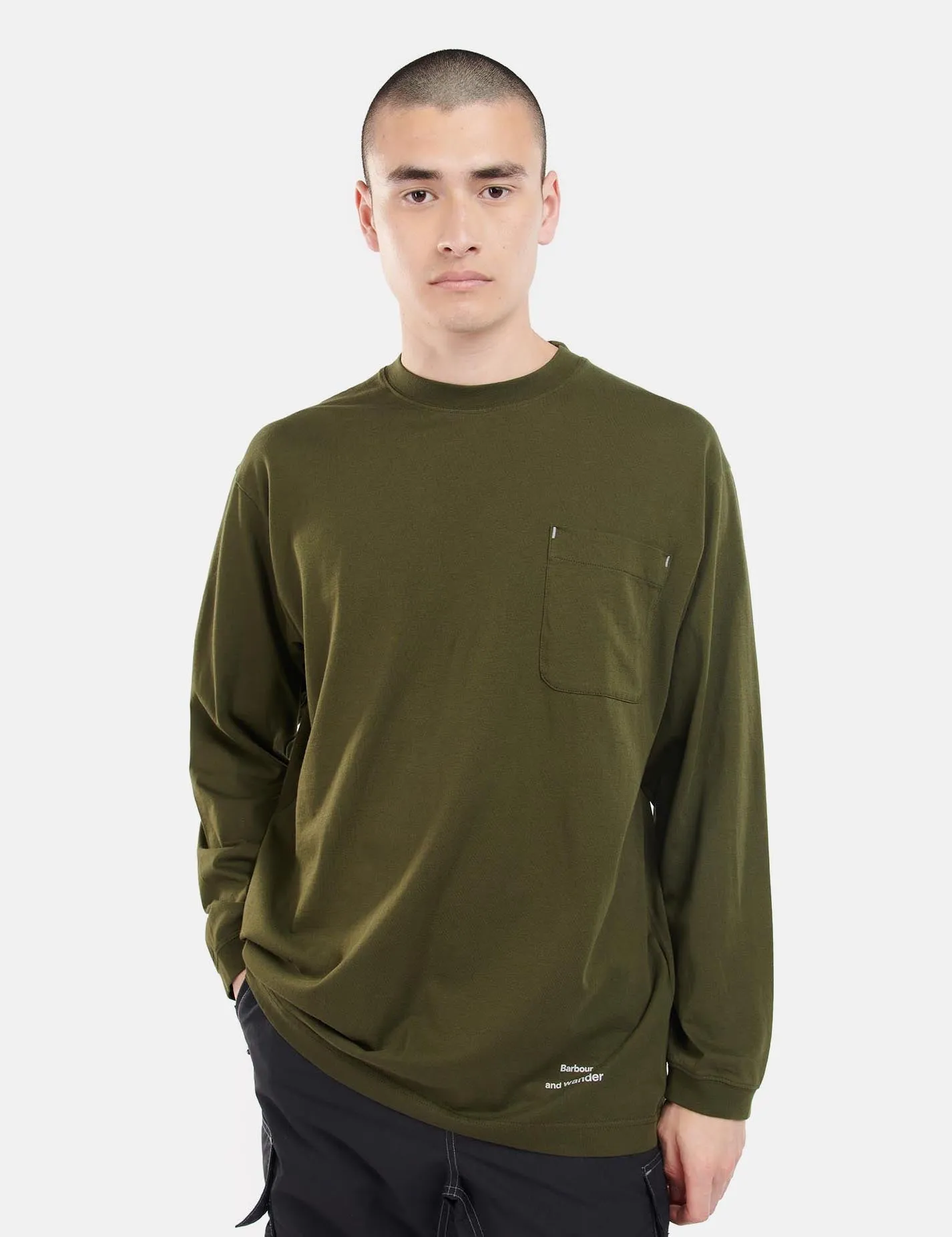 Barbour x And Wander Long Sleeve T-Shirt - Dark Khaki sold by Article London product image thumbnail 3