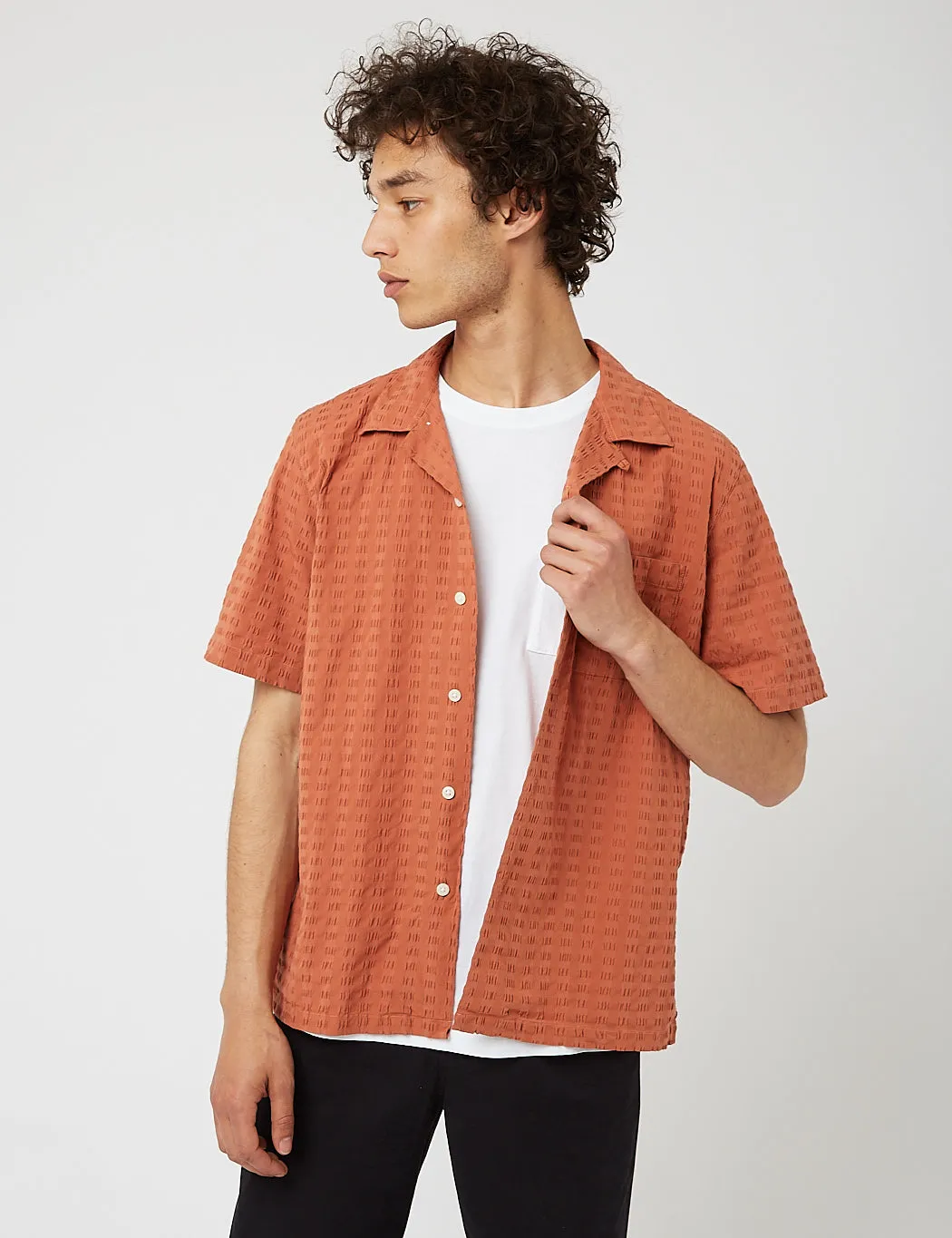 Bhode Cuca Cuban Collar Shirt (Seersucker) - Terracotta sold by Article London product image thumbnail 3