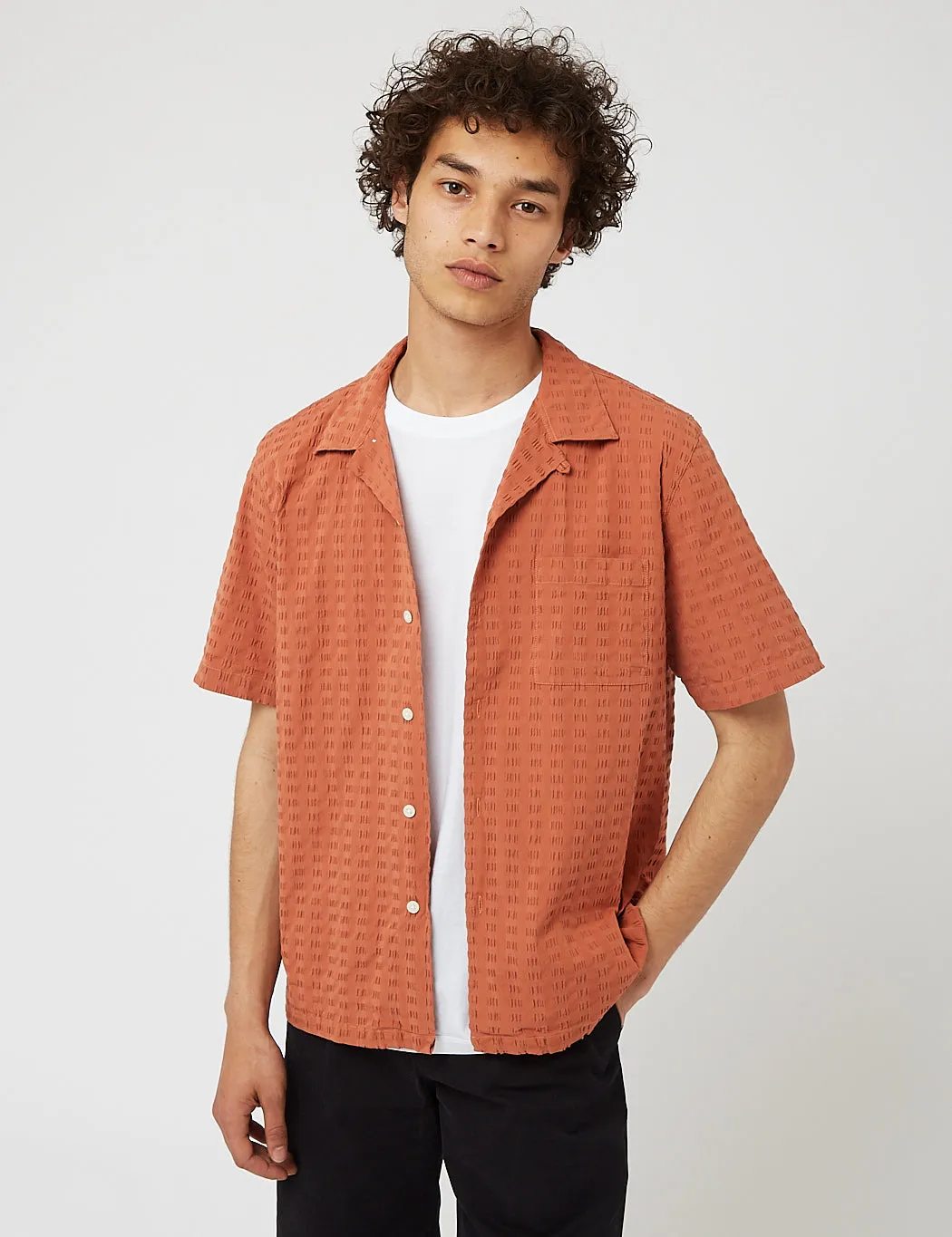 Bhode Cuca Cuban Collar Shirt (Seersucker) - Terracotta sold by Article London product image thumbnail 4