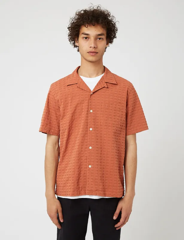 Bhode Cuca Cuban Collar Shirt (Seersucker) - Terracotta sold by Article London