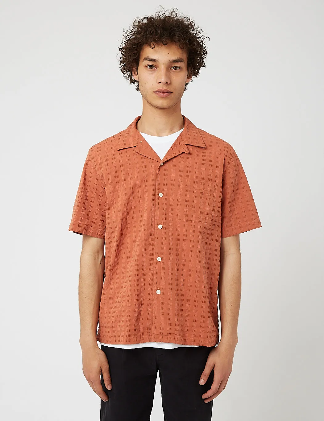 Bhode Cuca Cuban Collar Shirt (Seersucker) - Terracotta sold by Article London