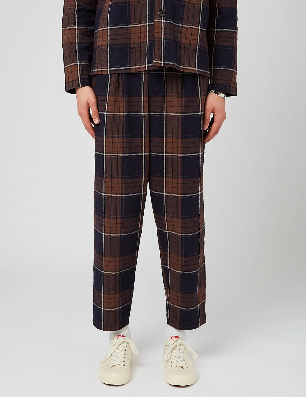 Universal Works Pleated Track Pant (Tapered) - Brown/Navy sold by Article London