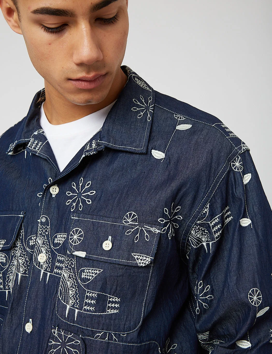 Engineered Garments Bowling Shirt (Denim) - Indigo Blue Bird
