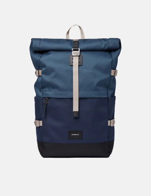 Sandqvist Bernt Rolltop Backpack (Recycled Poly) - Steel Blue/Navy Blue sold by Article London