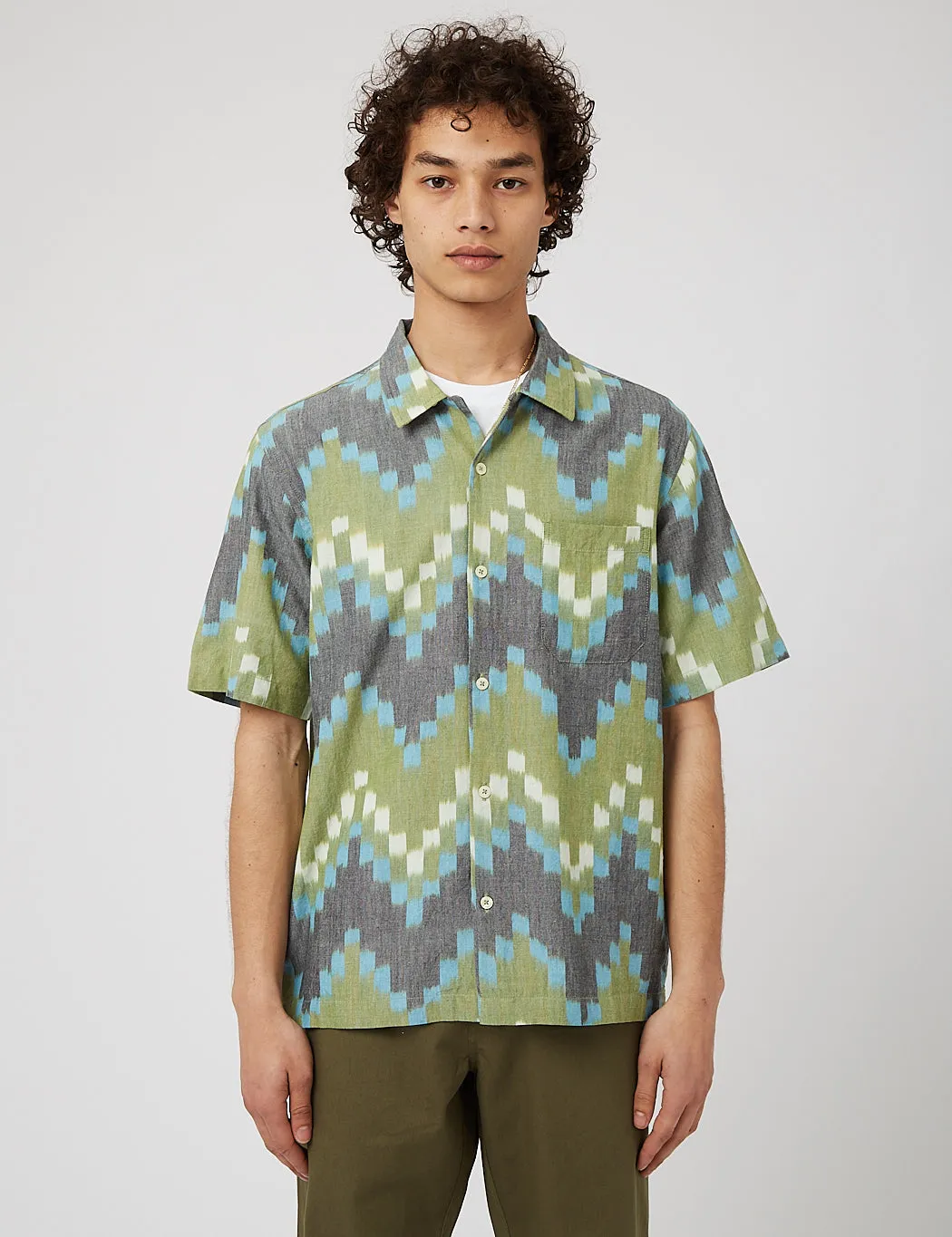Universal Works Road Shirt (Zigzag Handloom Ikat) - Green sold by Article London