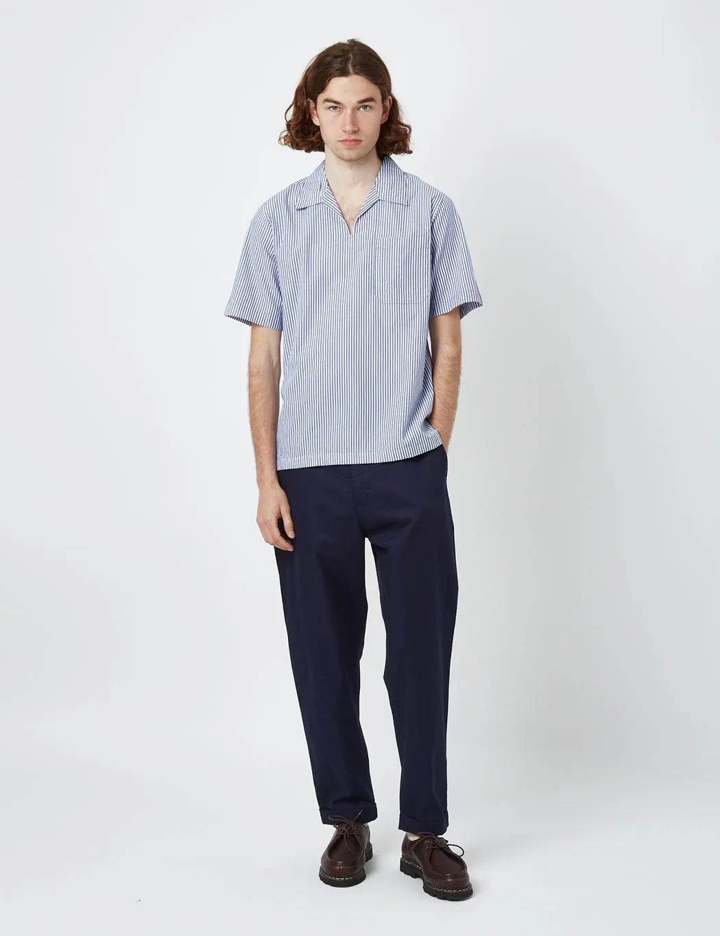 Universal Works Overhead Shirt (Poplin Stripe) - Navy Blue/White sold by Article London product image thumbnail 4