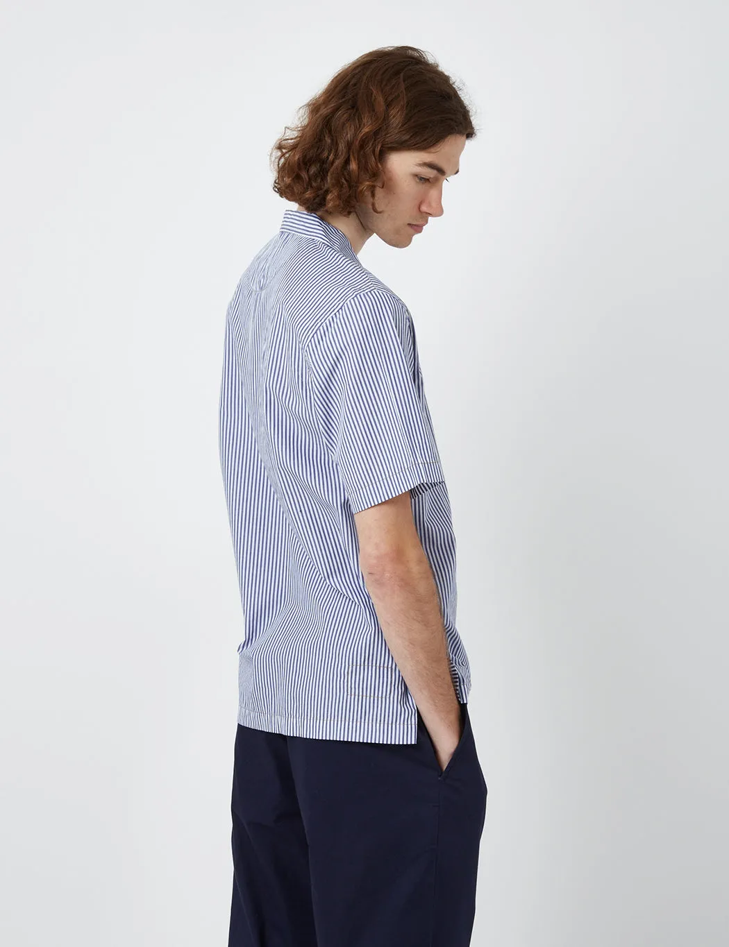 Universal Works Overhead Shirt (Poplin Stripe) - Navy Blue/White sold by Article London product image thumbnail 3