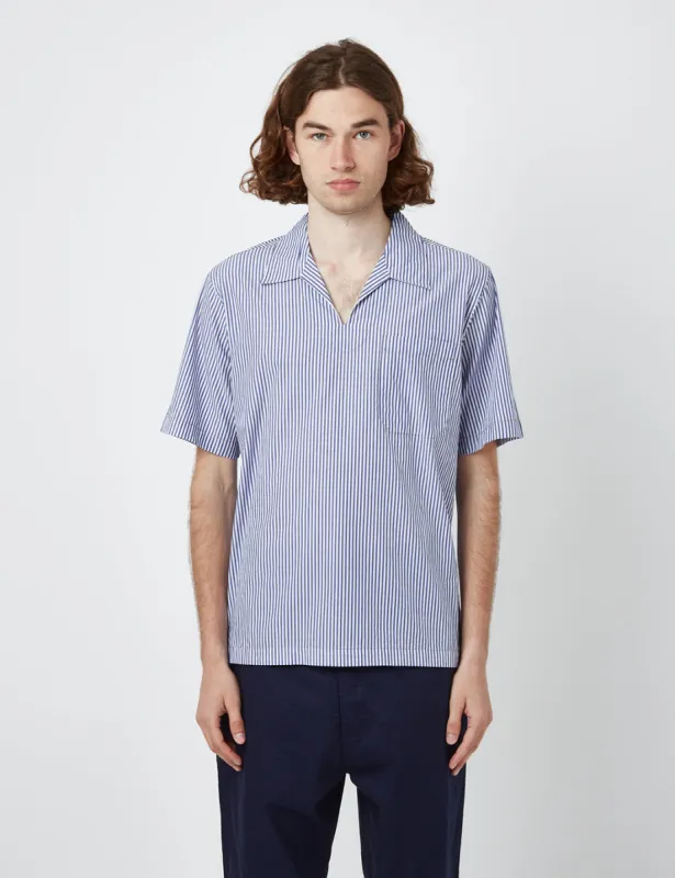 Universal Works Overhead Shirt (Poplin Stripe) - Navy Blue/White sold by Article London