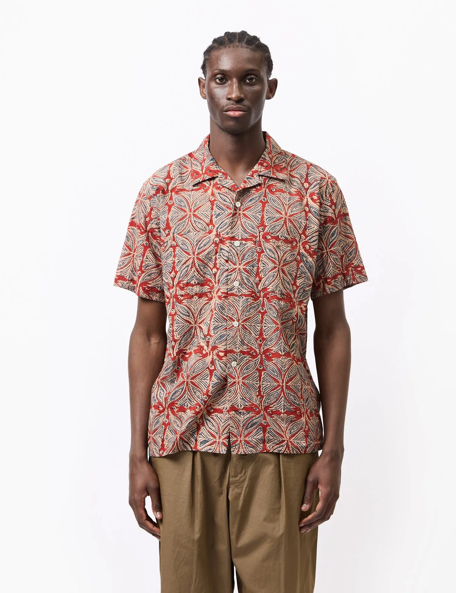 Beams Plus Open Collar Block Print Shirt - Vermillion Red sold by Article London