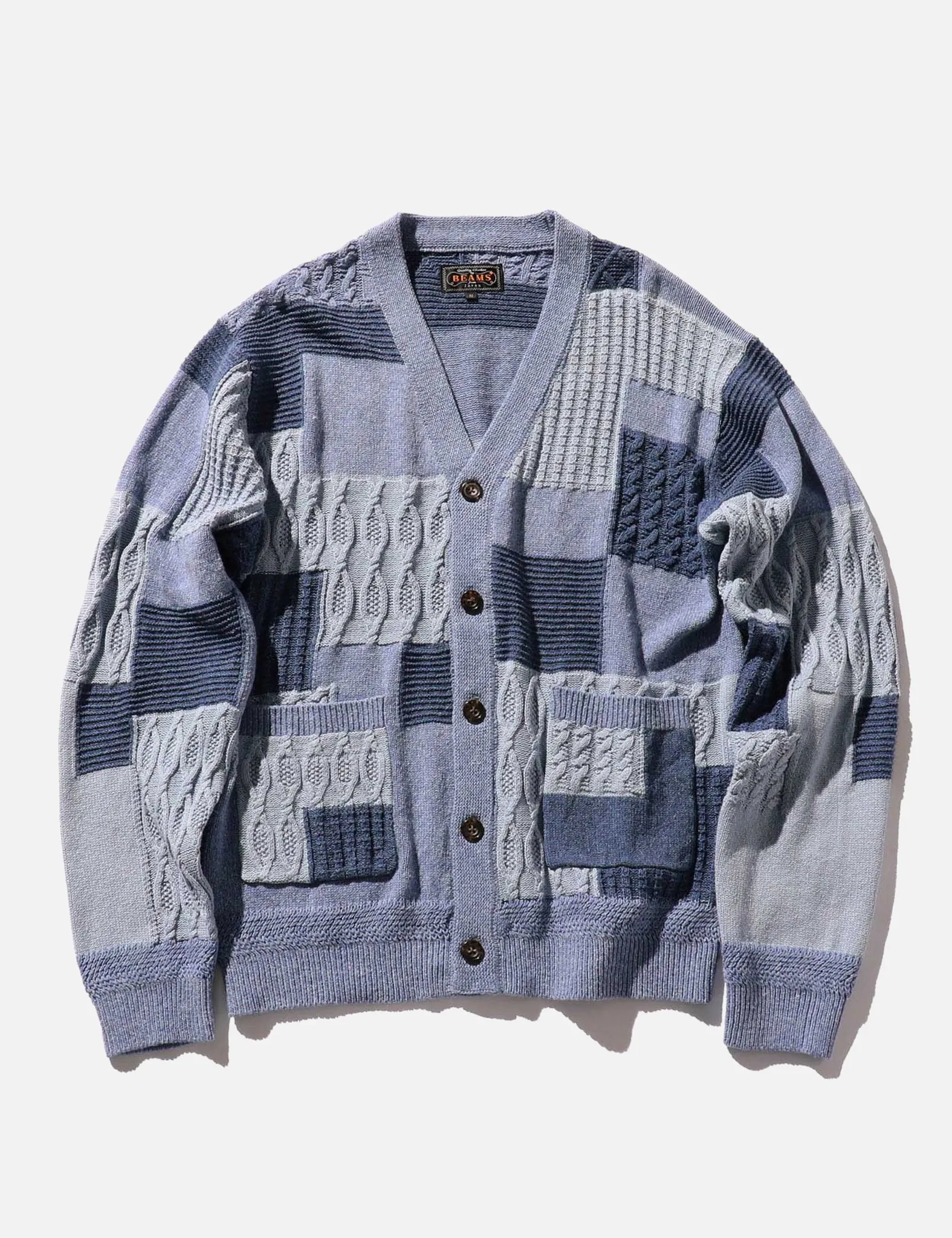 Beams Plus Patchwork Jacquard Cardigan - Blue sold by Article London