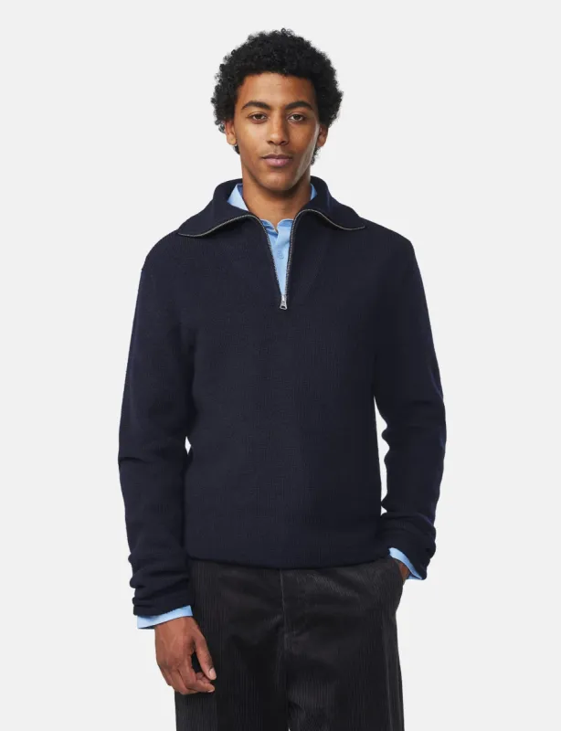 NN07 Carl Half Zip Knit (Schoeller Wool) - Navy Blue sold by Article London