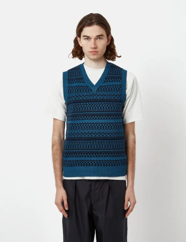 Beams Plus Indigo Knit Vest (Fair Isle Pattern) - Indigo Blue sold by Article London