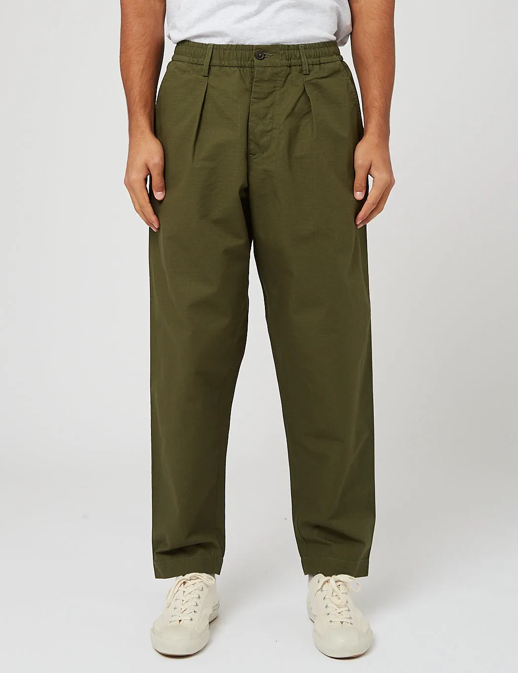Universal Works Pleated Track Pant (Ripstop) - Olive Green sold by Article London