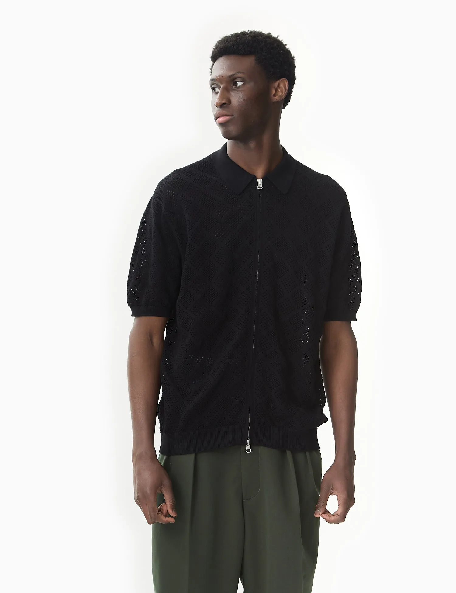 Beams Plus Zip Mesh Knit Polo Shirt - Black sold by Article London