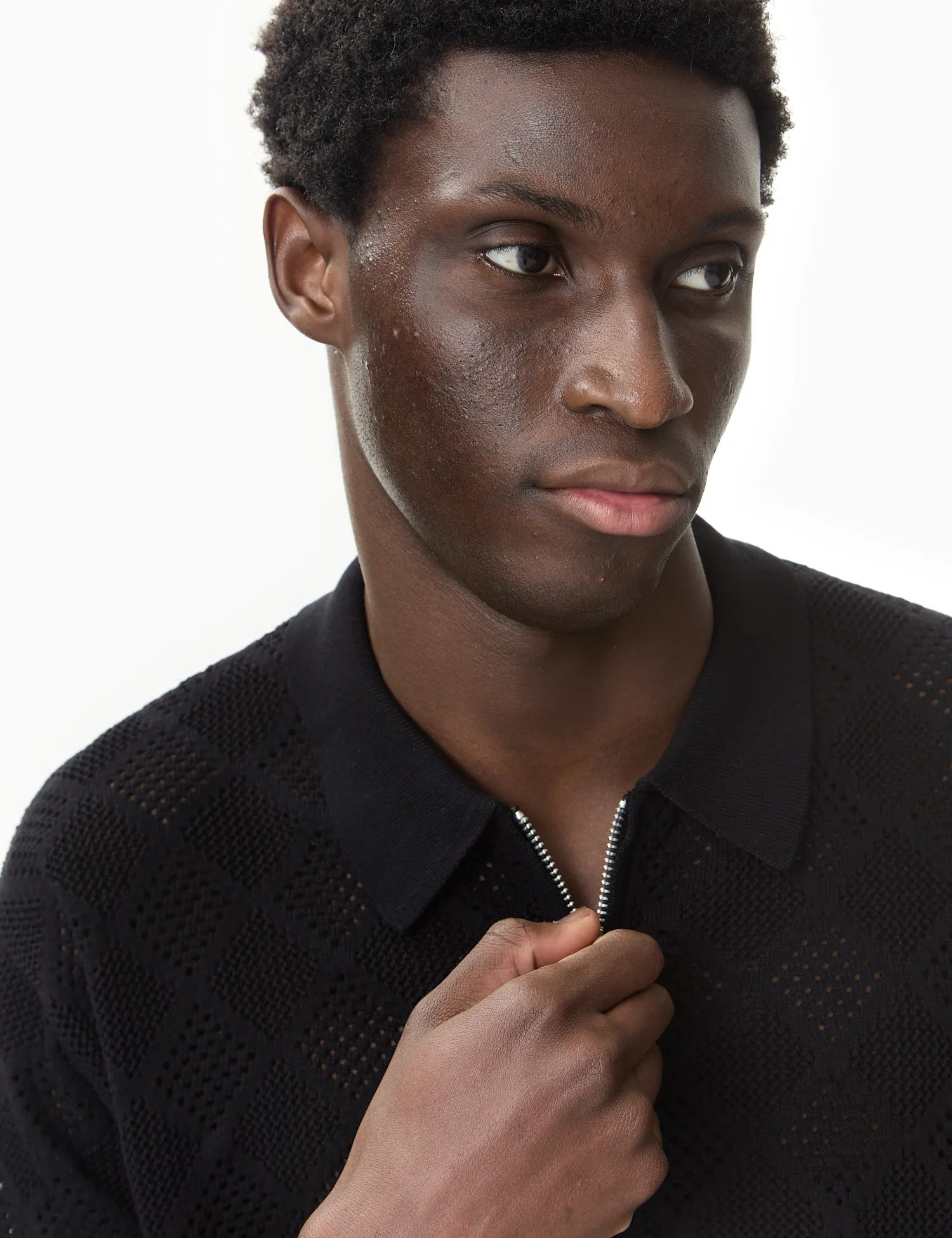 Beams Plus Zip Mesh Knit Polo Shirt - Black sold by Article London product image thumbnail 2