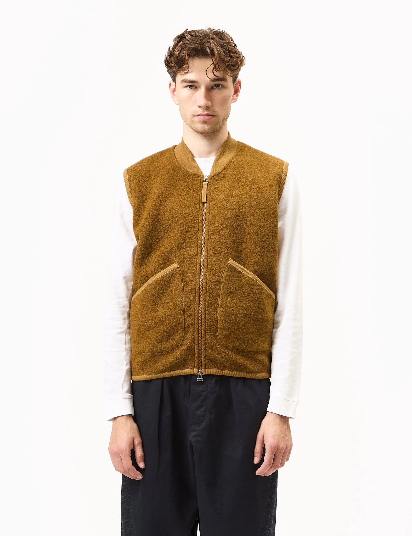 Universal Works Zip Waistcoat (Wool Fleece) - Mustard sold by Article London