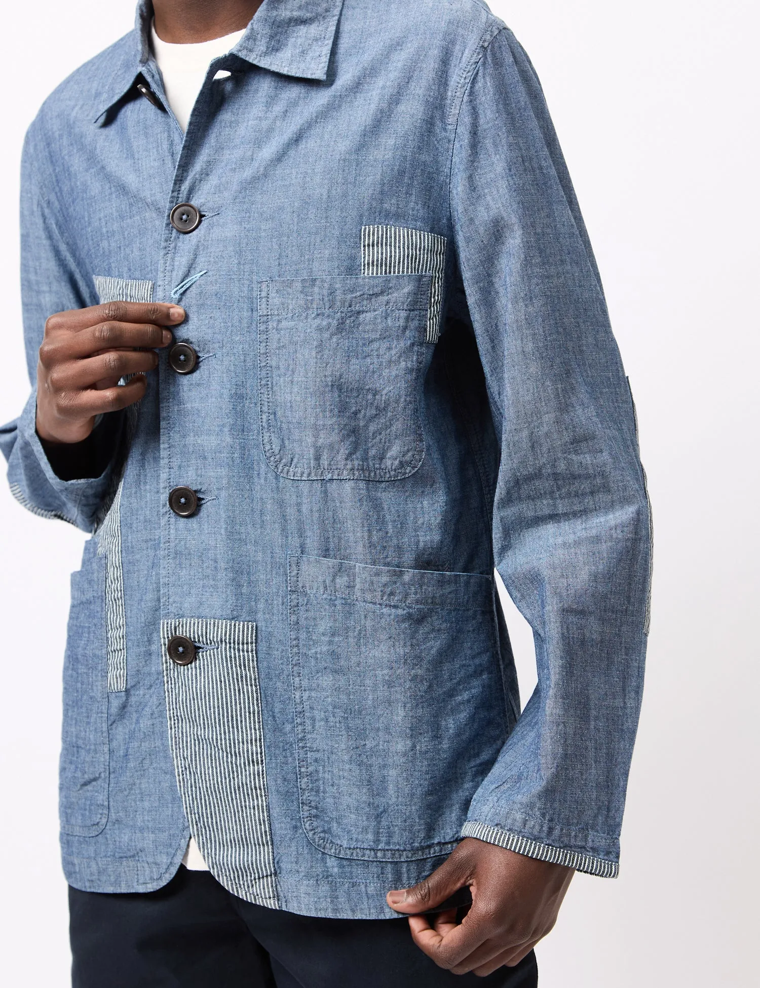 Universal Works Patched Bakers Jacket (Chambray/Hickory) - Indigo Blue sold by Article London product image thumbnail 2