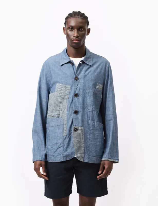 Universal Works Patched Bakers Jacket (Chambray/Hickory) - Indigo Blue sold by Article London