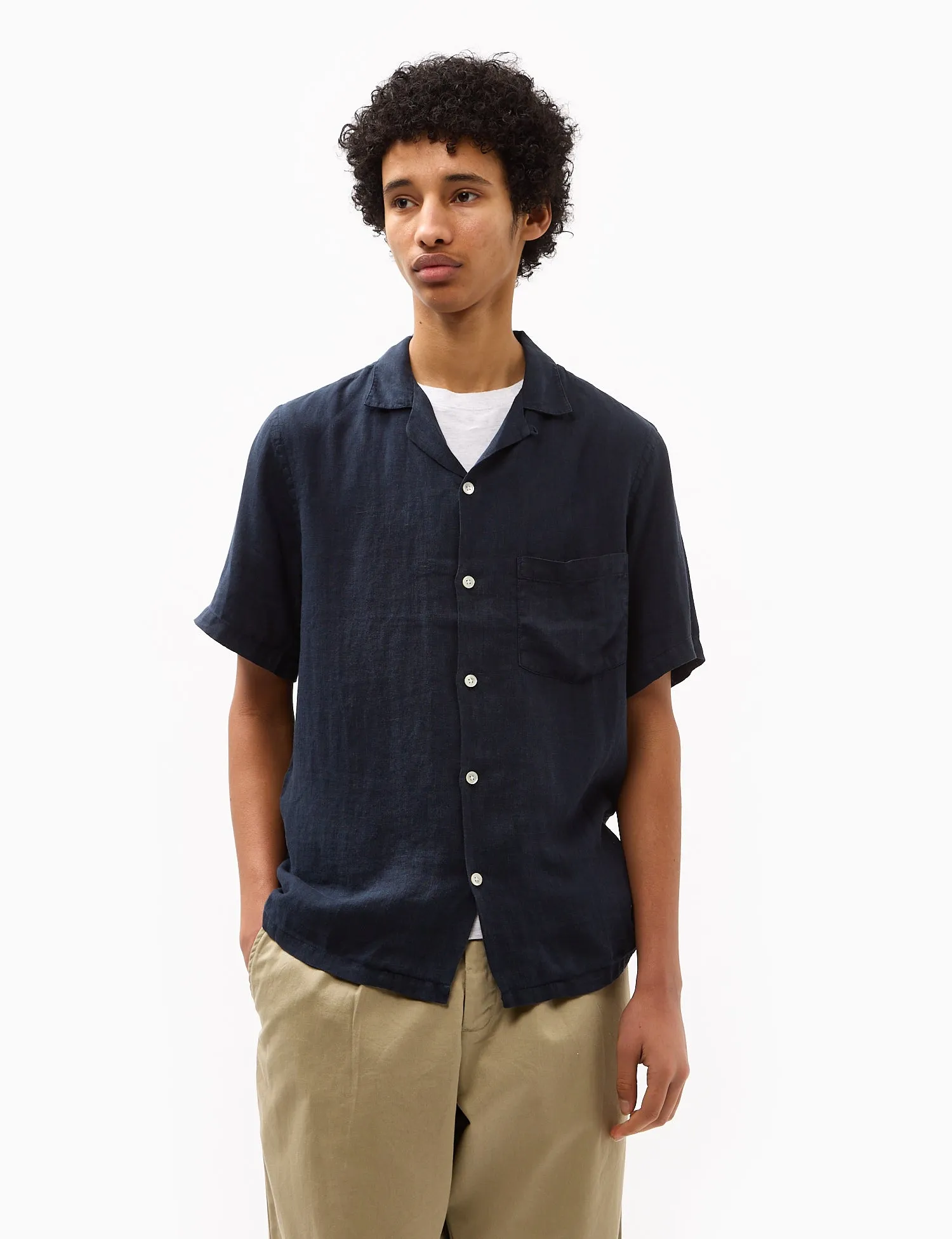 Portuguese Flannel Linen Camp Collar Short Sleeve Shirt - Navy Blue sold by Article London product image thumbnail 4