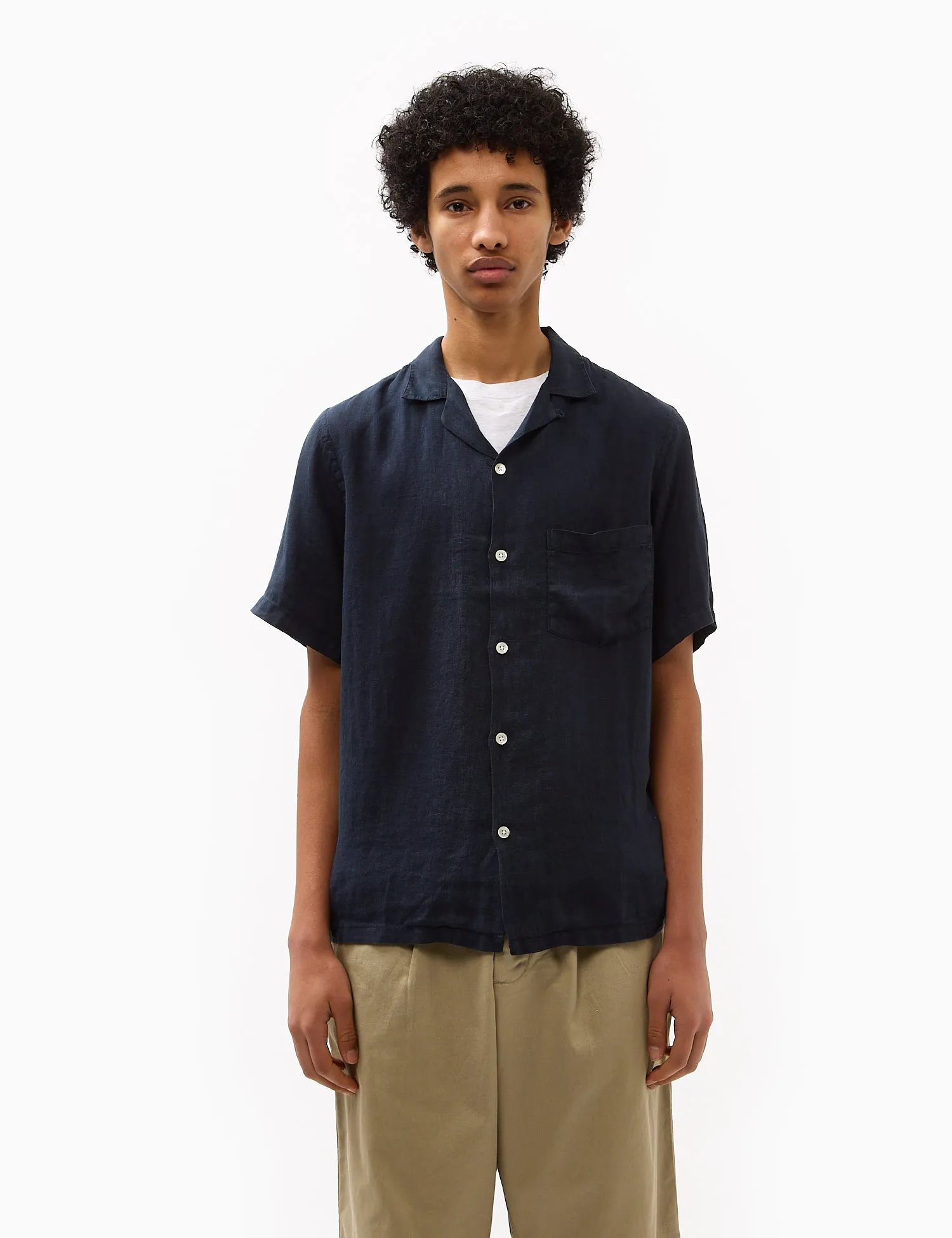 Portuguese Flannel Linen Camp Collar Short Sleeve Shirt - Navy Blue sold by Article London