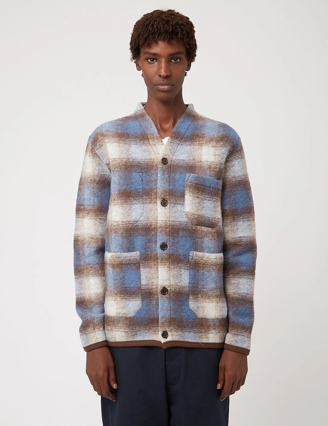 Universal Works Cardigan (Checked Wool Fleece) - Blue/Brown sold by Article London