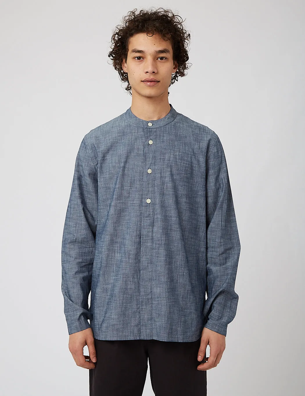 Folk Half Placket Grandad Collar Shirt - Blue Chambray sold by Article London