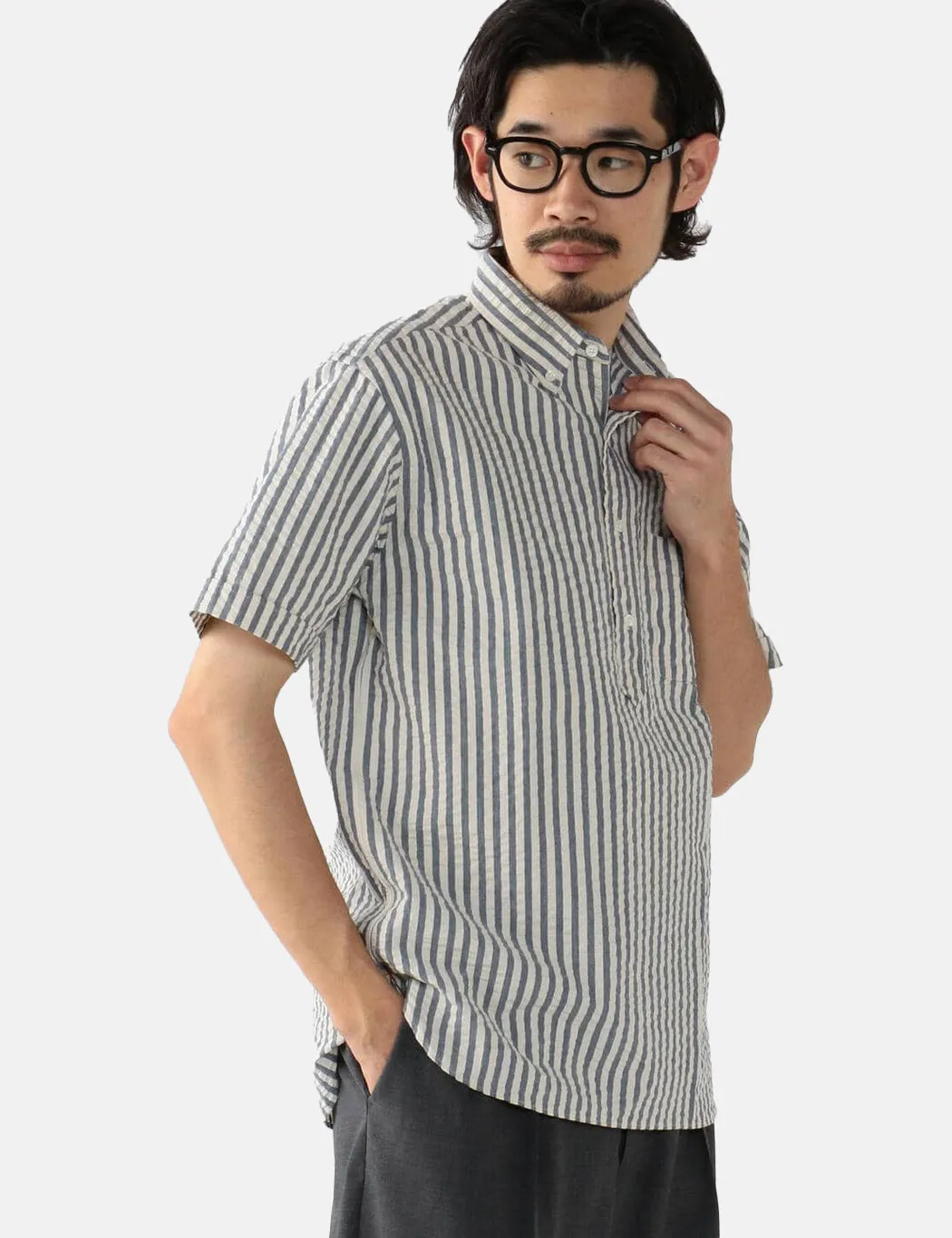 Beams Plus B.D Short Sleeve Pullover Shirt (Seersucker) - Indigo Blue sold by Article London