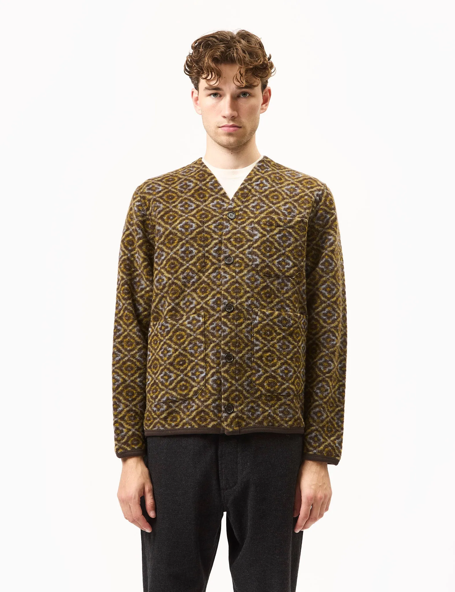 Universal Works Cardigan (Geometric Fleece) - Brown sold by Article London