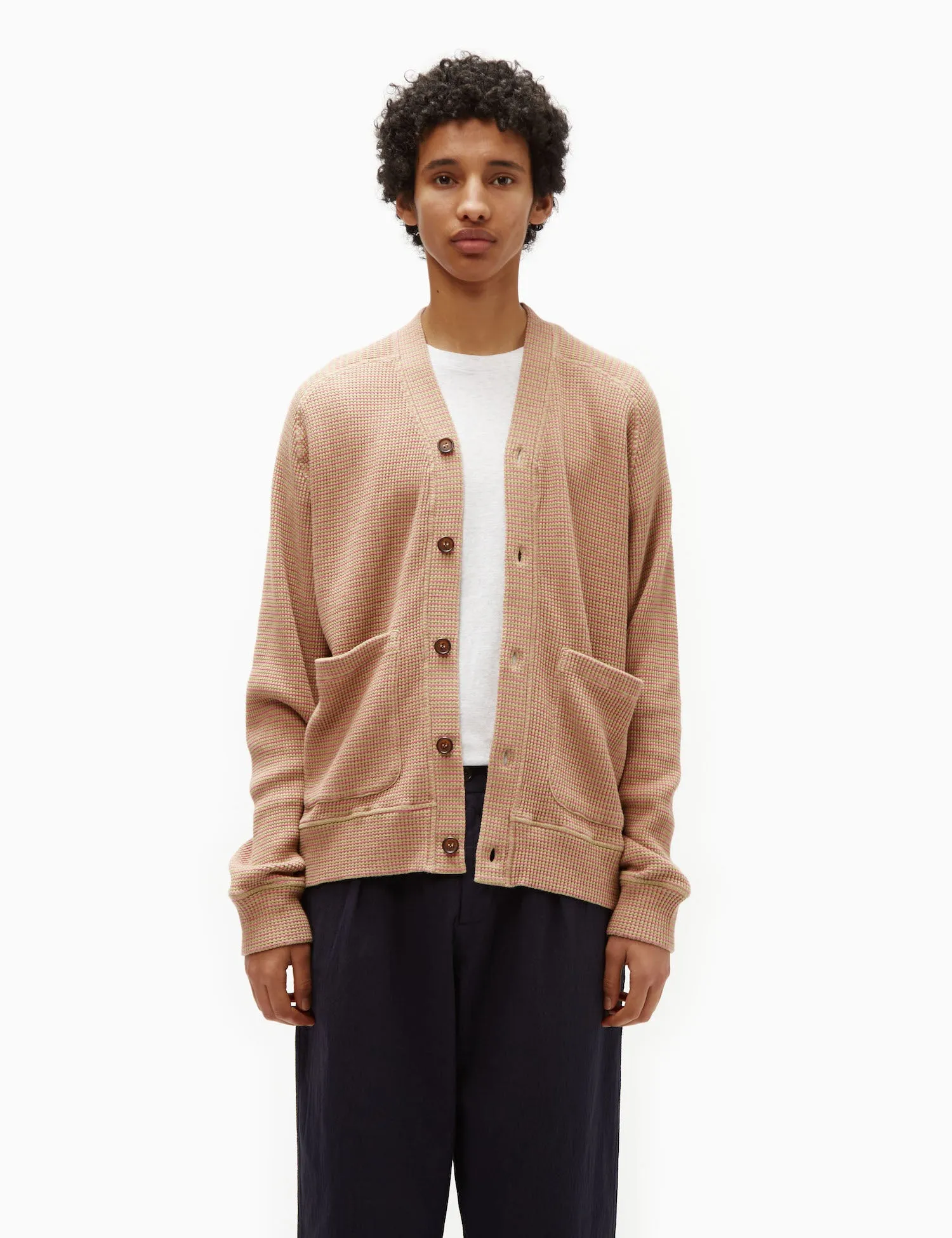 Universal Works Dickie Fluro Cardigan - Summer Oak/Pink sold by Article London product image thumbnail 3