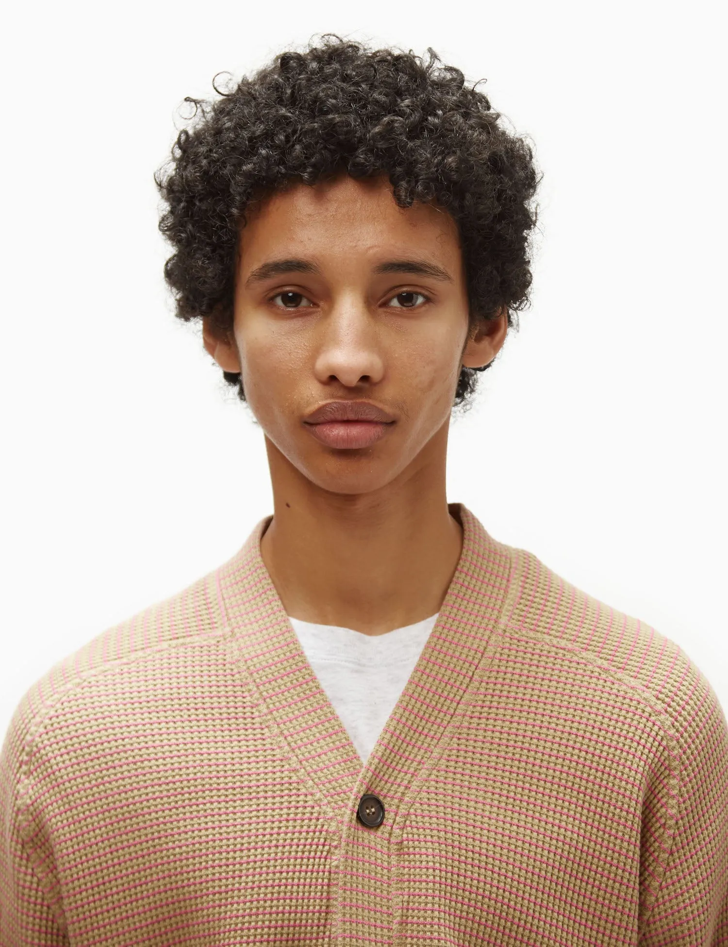 Universal Works Dickie Fluro Cardigan - Summer Oak/Pink sold by Article London product image thumbnail 2