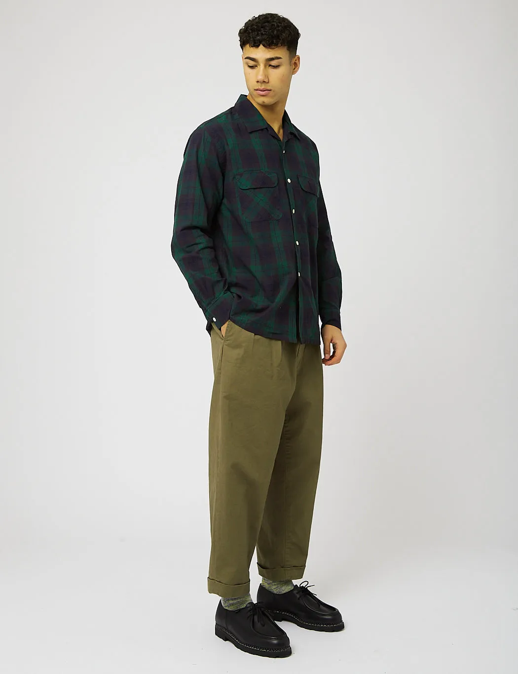 Beams Plus 2 Pleat Twill Trousers - Olive Green sold by Article London product image thumbnail 3