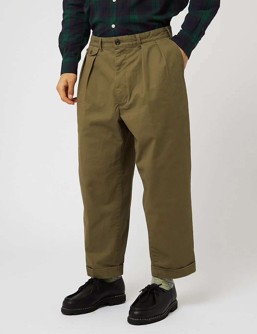 Beams Plus 2 Pleat Twill Trousers - Olive Green sold by Article London product image thumbnail 4