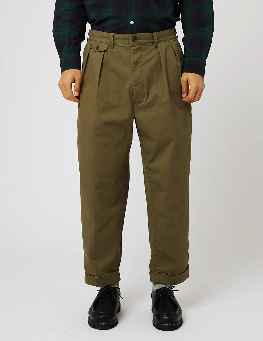 Beams Plus 2 Pleat Twill Trousers - Olive Green sold by Article London