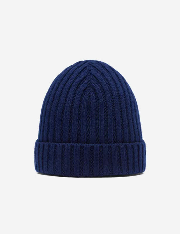 Bhode Rib Beanie Hat (Lambswool) - Navy Blue sold by Article London
